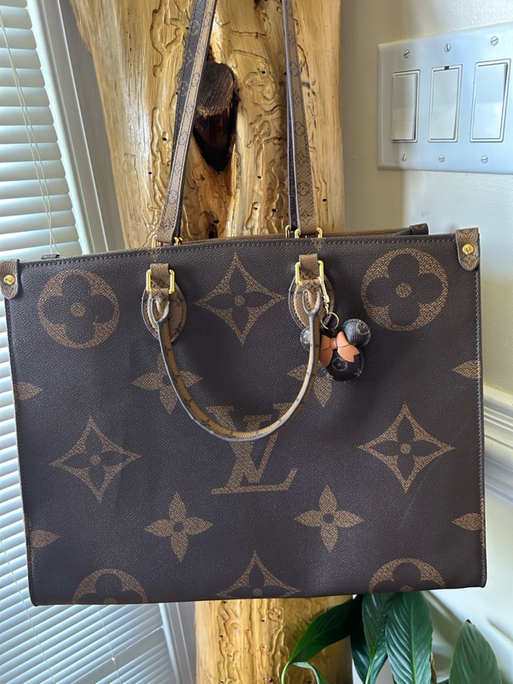 Monogram-Pattern Brown Tote with Red Interior - Picture 3 of 6